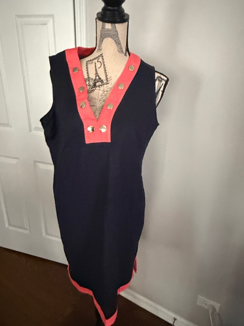 Tommy Hilfiger Linen Blend Dress Medium Navy Coral Sleeveless Gold Button Summer
